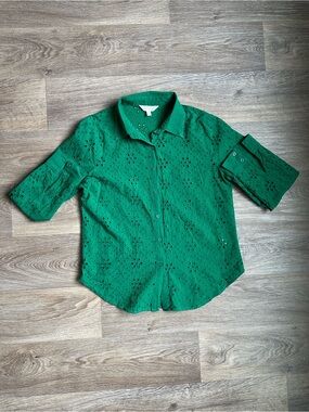 Adiva Green Swiss Dot Embroidered Eyelet Button Down Shirt Size L